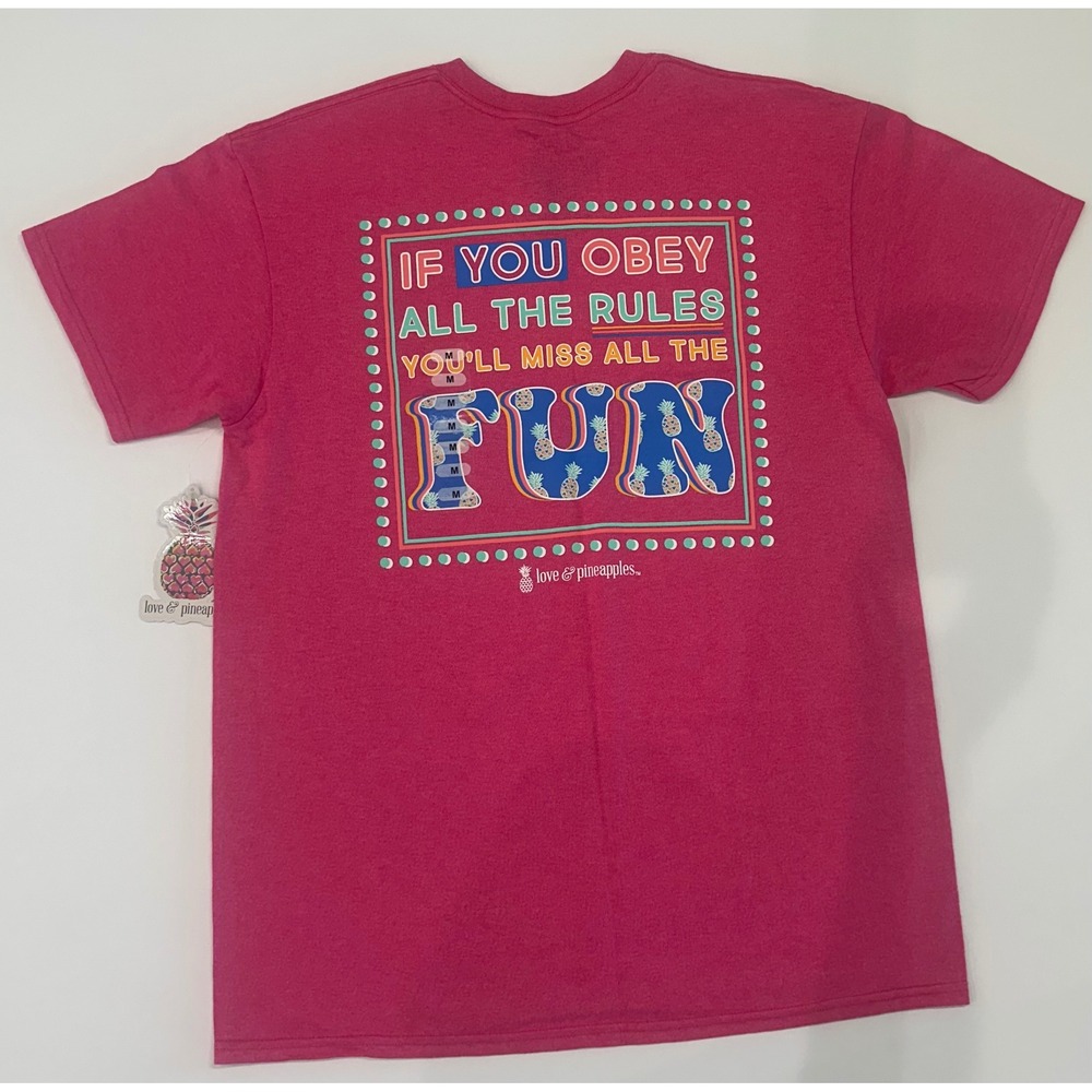 Love & Pineapples Pink Graphic T-Shirt Obey Rules Miss Fun Women Medium NWT